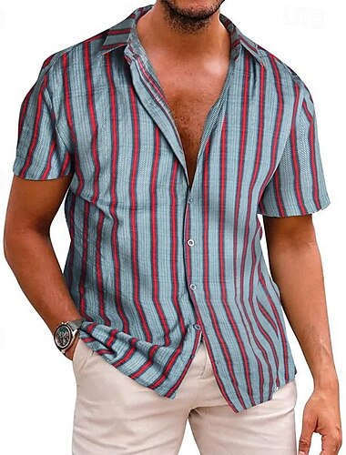  Herr Skjorta Knapp upp skjorta Casual skjorta Sommarskjorta Strandskjorta Blå Kortärmad Rand Nedvikt Hawaiisk Helgdag Kläder Mode Ledigt Bekväm
