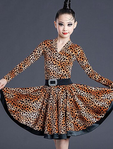  Latein-Tanz Tanzkleidung für Kinder Kleid Leopardenmuster Print Pure Farbe Mädchen Leistung Ausbildung Langarm Hoch Polyester
