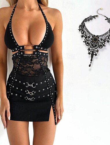  Sexy Y2K Jahr 2000 Kleid Halskette Schocker Goth Girl Damen Halloween Party / Abend Kleid