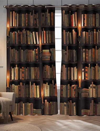  Vintage Bücherregal Verdunkelungsvorhänge Türisolierung Außenbalkon Rest Wohnzimmer Wohndekoration 2-teiliges Set mit 3D-Digitaldruck perforiert