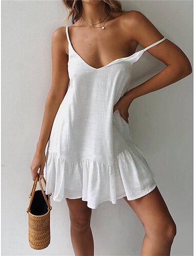  Mujer Blanco Amarillo Verde Trébol Verano Primavera Mini vestido Vestido blanco Vestidos de lino y algodón Vestido de tirantes Básico Moderno Casual Diario Fin de semana Holgado Plano Correa de