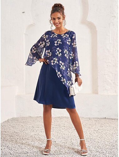  dames bruiloftsgastenjurk a-lijn jurk elegante bloemen midi-jurk chiffon uitlopende mouwen ronde hals patchwork normale pasvorm bruiloftsgast cocktailparty blauw zomer