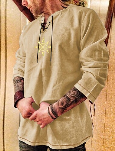  Pánské Košile Bavlněná lněná košile Košile pro volný čas Slunce Večírek Plesová maškaráda Černá Vodní modrá Khaki Armádní zelená Dlouhý rukáv Tričkový Jaro & podzim Oblečení Šněrování