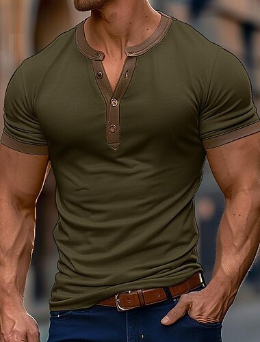  Per uomo maglietta Camicia Henley T-shirt Tinta unica Henley Esterno Informale Manica corta Pulsante Abbigliamento Misto cotone Di tendenza Originale Comodo