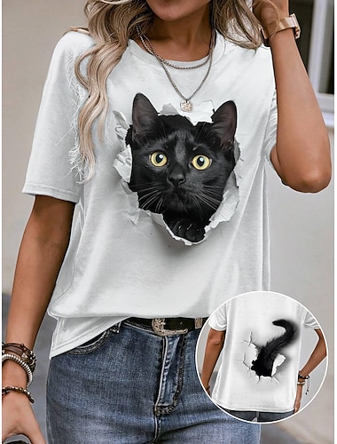  Dame T-shirt Dyr Daglig Weekend Trykt mønster Hvid Kortærmet Mode Rund hals 3D cat Sommer