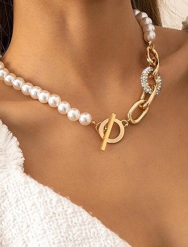 Collier ras du cou Imitation Perle Strass Femme Elégant Rétro Vintage Perles Mariage Forme de Cercle Colliers Tendance Pour Mariage Soirée