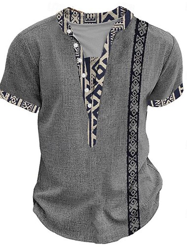  Men's Tribal Bandana Print T Shirt Henley Shirt Short Sleeve 3D Print Designer Ethnic Vacation Casual Daily Summer Spring Heather Gray Green Khaki Henley Henley T-Shirt