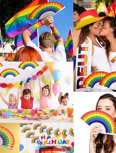 riccioofy Pride Fan y Rave Fan - Rainbow Fan - Gran abanico plegable para el festival burlesco Pride Paraderaveshalloween & trajes de orgullo para mujeres & Accesorios para festivales: abanico de mano