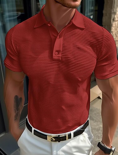  Herren Poloshirts zum Suchbegriff: "Waffel" Poloshirts Casual Festtage Kargen Gerippter Polokragen Kurzarm Modisch Basic Glatt Knopf Weich Sommer Frühling Regular Fit Silbergrau Hellgelb Milchwei
