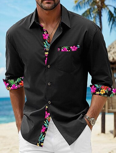  Homme Chemise Chemise en lin Chemise d'été Tenue de plage Chemise Boutonnée Fleuri Vacances Croisière Noir Blanche Rose Claire Bleu manche longue Revers Printemps & Automne Vêtement Tenue Épissure