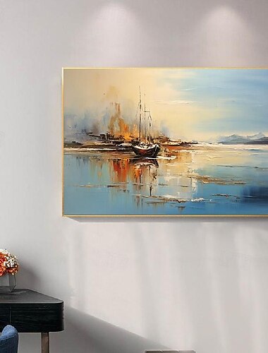  abstrakt kystlandskap oljemaleri på lerret stor veggkunst original blå seilbåtkunstmaleri havkunst tilpasset maleri til stue soverom veggdekor
