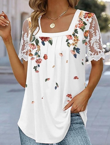  Mujer Camiseta Camiseta de encaje Top de patchwork de malla Floral Festivos Fin de semana Encaje Estampado Blanco Manga Corta Básico Escote Cuadrado