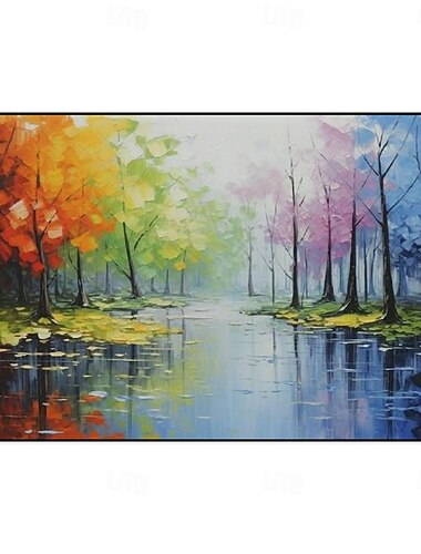  handgjord oljemålning canvas väggdekoration modern abstrakt reflektion av skog och sjölandskap för vardagsrum heminredning rullad ramlös osträckt målning