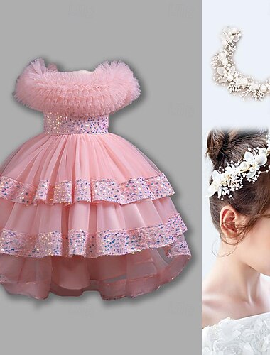  per bambina, vestito da festa con paillettes, senza maniche, matrimonio, occasione speciale, con paillettes, cerniera lampo, adorabile, dolce, cotone, poliestere, asimmetrico, vestito da festa,