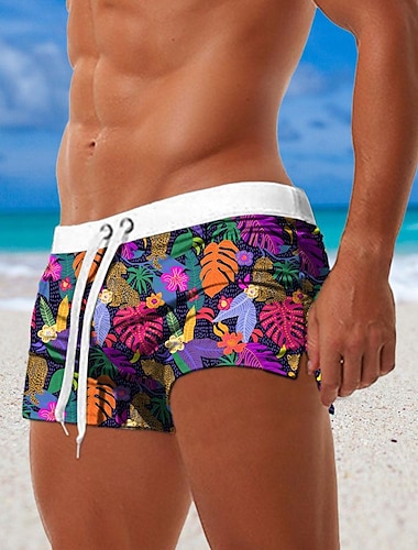  lövväxter blommiga badshorts för män badbyxor boxershorts hawaiianska sidofickor dragsko elastisk midja andas mjuk kort surfsemester strand modedesignerkläder