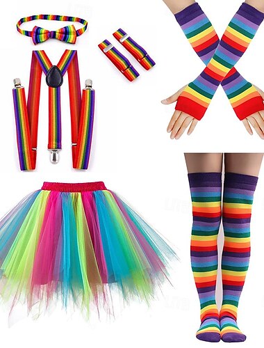  Regenbogen Pride Outfits Tutu Rock Socken Strümpfe Handschuhe Accessoires Set 9tlg. LGBT LGBTQ Queer Erwachsene Damen Schwul Lesbisch für Pride Parade Pride Month Party Karneval