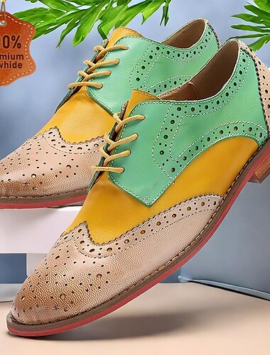  Women's Oxfords Color Block Low Heel Round Toe Business Leather Lace-up Light Yellow