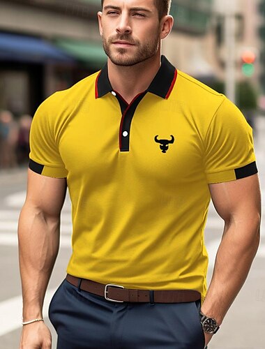 Men's Polo Shirt Button Up Polos Casual Sports Lapel Short Sleeve Fashion Basic Color Block Cow Patchwork Embroidered Summer Regular Fit Yellow Red Blue Green Polo Shirt