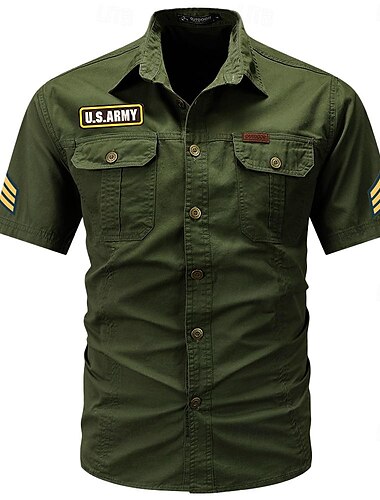  Herren HEER Hemd Westernhemd Knopfhemd Kurzarm Brautkleider schlicht Taktisch Sport & Natur Ausgehen Sommer Frühling Umlegekragen Bedruckt Schwarz Armeegrün Khaki Dunkelblau Beige