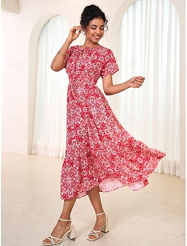  robe longue en mousseline de soie à fleurs et feuilles pour femmes, col noué, manches courtes, été