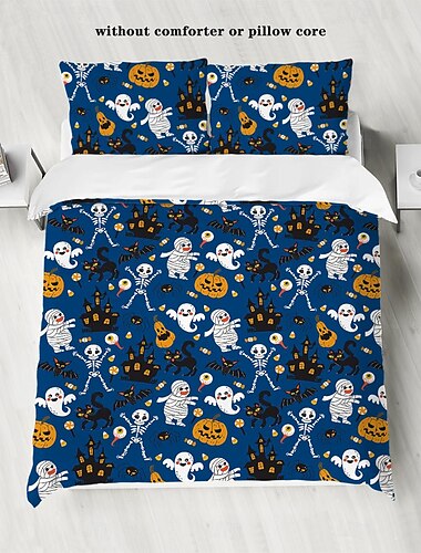  3-teiliges Bettbezug-Set mit Kürbisgeist und Fledermaus-Bettwäscheset, lustiges Halloween-Digitaldruck-Set, geeignet für Kinderzimmer
