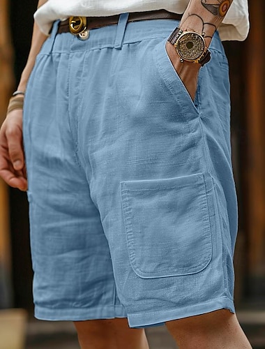  Herren Shorts Kurze Hosen Leinenshorts Kurze Hosen Sommer-Shorts Tasche Vordertasche Gerade geschnitten Glatt Komfort Atmungsaktiv Knielänge Party Outdoor Casual Modisch Basic Weiß Blau