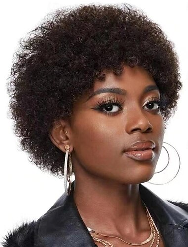 Afro-Perücke mit verworrenem, lockigem Pony für Frauen, Afro-Pixie-Schnitt, kurze Perücke aus Echthaar, weiche, lockige Afro-Perücke mit natürlichem Aussehen für den täglichen Gebrauch