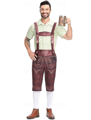  Karneval Oktoberfestbier Kostüm Outfits Lederhosen Hemd Bayerisch Deutsch München Wiesn Herren Stoff im traditionellen Stil Hemd Shorts