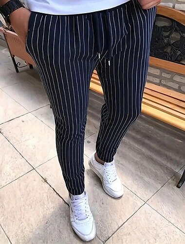  Herren Hose Hosen Sommerhosen Freizeithose Tasche Kordelzug Elastische Taille Streifen Komfort Arbeit Geschäft Täglich Modisch Klassicher Stil Schwarz Königsblau Mikro-elastisch
