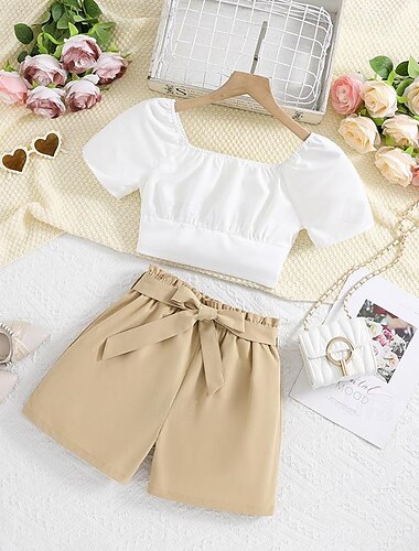  2 Stück kinderkleidung Mädchen Feste Farbe Shorts Anzug einstellen Kurzarm Modisch Outdoor 3-7 Jahre Sommer Weiß
