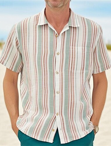  Herr Skjorta Knapp upp skjorta Casual skjorta Sommarskjorta Strandskjorta Blå Khaki grön Kortärmad Rand Nedvikt Hawaiisk Helgdag Framficka Kläder Mode Ledigt Bekväm