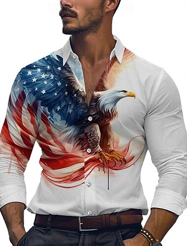  アメリカ独立記念日 男性用 フラッグ アメリカの国旗 ボタンアップシャツ プリントシャツ 長袖 ビジネスカジュアル バケーション 日常着 パーティー 秋 冬 春夏 折襟 襟付きシャツ ボタン プリント ホワイト