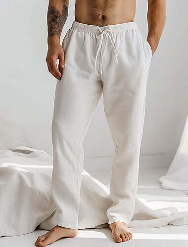  男性用 リネンパンツ ズボン サマーパンツ ドローストリング 弾性ウエスト 平織り 履き心地よい 高通気性 全長 日常 ビーチ ファッション シンプル ホワイト ブルー マイクロエラスティック