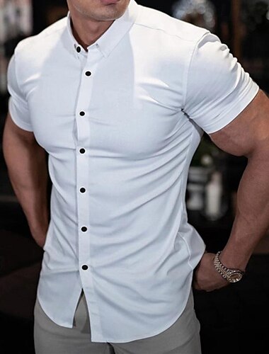  Hombre Camisa Camisa para Vestido Abotonar la camisa Plano Boda Trabajo Negro Blanco Azul Marino Gris Ligero Manga Corta Escote Chino Verano Ropa