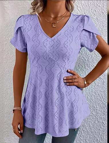  Camisa de mujer blusa casual con corte de manga corta tops regulares cuello en v diario blanco azul morado verde verano