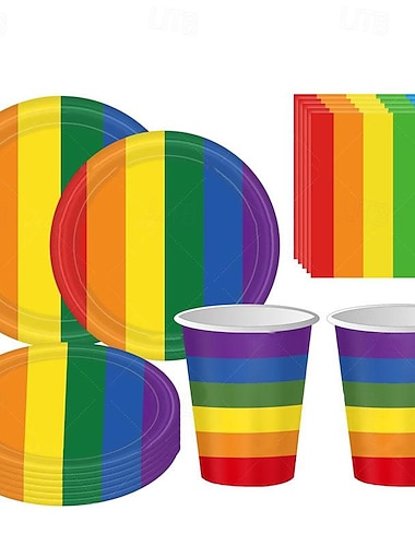  مجموعة أطباق ورقية للاستعمال مرة واحدة لحفلات قوس قزح من إل جي بي تي يونيو، أدوات مائدة للاستعمال مرة واحدة للحفلات مخططة ملونة
