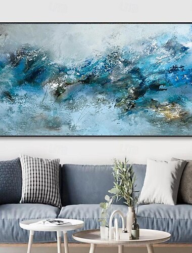 handgefertigtes Ölgemälde auf Leinwand, Wandkunst, Dekoration, moderne abstrakte Textur, blaue Berglandschaft für Zuhause, Wohnzimmer, Dekor, gerolltes, rahmenloses, ungedehntes Gemälde