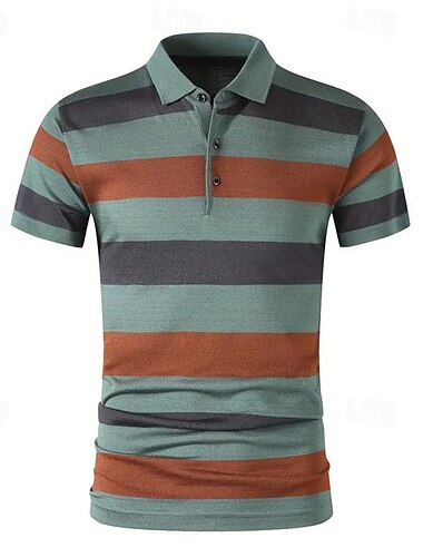  Men's Golf Shirt Golf Polo Work Casual Lapel Short Sleeve Basic Modern Stripes Button Spring & Summer Regular Fit Yellow Navy Blue Green Golf Shirt