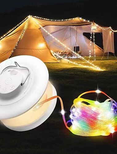  Cadena de luces recargables 2 en 1, linterna LED para acampar al aire libre de 32 pies, cadena de luces impermeable para Navidad al aire libre, decoraciones para fiestas en el hogar
