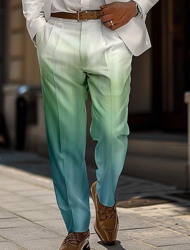  Herr Nyans Kostymbyxor Medium Midja Business Casual Bröllop Vardag Ficka Byxor med raka ben Sommar Vår Höst 3D-tryck Blå Grön