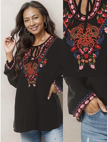  Women's Embroidered Blouse Long Sleeve Floral Boho Ethnic Mexican Tops Peasant Shirts