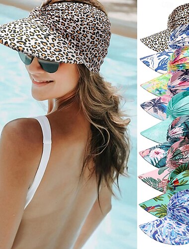  Damen UV-Sonnenschutz breiter Krempe Visier modischer Aufdruck geraffter Sonnenschutz leerer Sommer-Strandhut