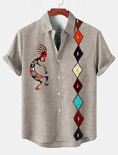  Férfi Ing vászon ing retro ingek Vintage ing Etnikai póló Southwestern Print Napi Lóhere khakizöld Szürke Rövid ujjú Térfogatcsökkenés Nyár Tavasz Ruházat