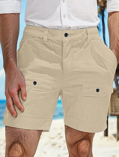  Hombre Pantalón corto Pantalones cortos de lino Pantalones cortos de verano Pantalones cortos de playa Botones Bolsillo Cintura elástica Plano Comodidad Transpirable Corto Casual Diario Festivos Moda
