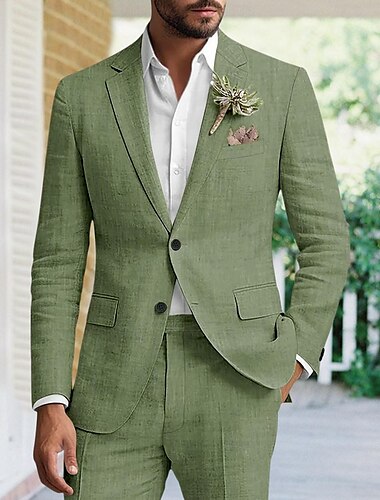 zelené pánské svatební lněné obleky jednobarevné 2dílné střihové jednořadé dvouknoflíčky 2024