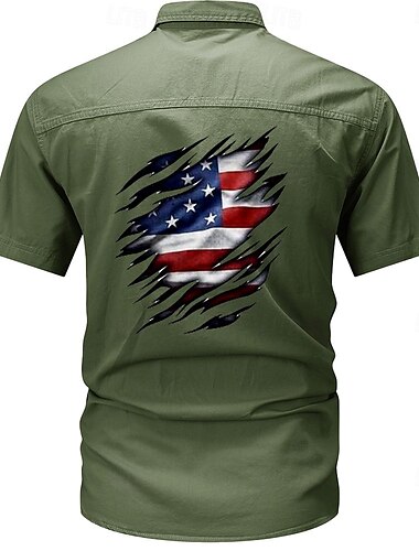  Herren Nationalflagge Hemd Westernhemd Cargo-Shirt Kurzarm Brautkleider schlicht Taktisch Ausgehen Sommer Umlegekragen Knopf Bedruckt Schwarz Grün Dunkelblau Beige Grau