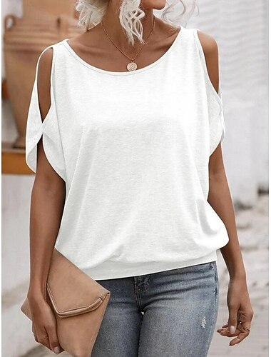  レディースTシャツ 無地 ファッション 半袖 ラウンドネック レギュラートップス デイリー 週末 カットアウト ホワイト ピンク グリーン グレー 夏