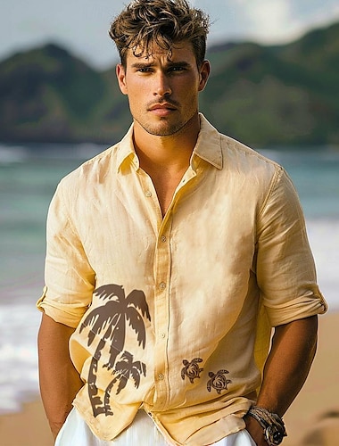  قمصان رجالية جوز الهند النخيل هاواي منتجع الأزياء عارضة قميص عارضة قميص عارضة يوميا الصيف الربيع والخريف ترتيب الأسرة قميص طوق كم طويل أصفر الكتان القطن مزيج قميص عادي
