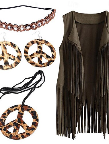  Hippie Retro Vintage 1960er 1970er Zubehörset Wildlederweste Damen Quaste Kostüm Jahrgang Cosplay Weste Schlager Outfit
