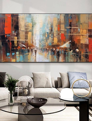  Pintura al óleo hecha a mano, lienzo, arte de la pared, decoración, paisaje urbano arquitectónico abstracto moderno para el hogar, decoración para sala de estar, pintura enrollada sin marco y sin